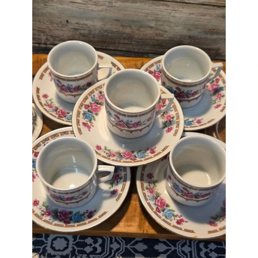 Vintage Floral Tea Cups and Saucers Set of 6‎ Porcelain Espresso Coffee Date